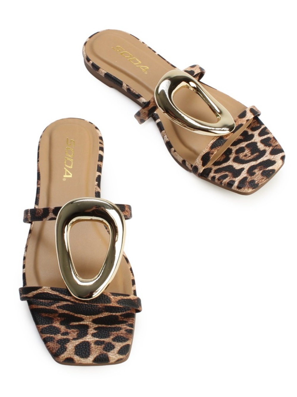SODA Leopard Print Slide Sandals with Gold Accent